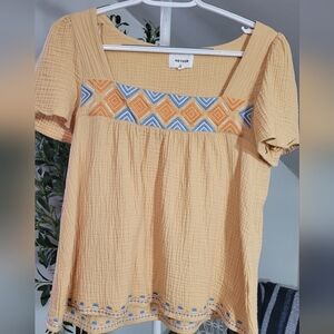 HEYSON GAUZE Babydoll Top Mustard Yellow With Embroidery Small